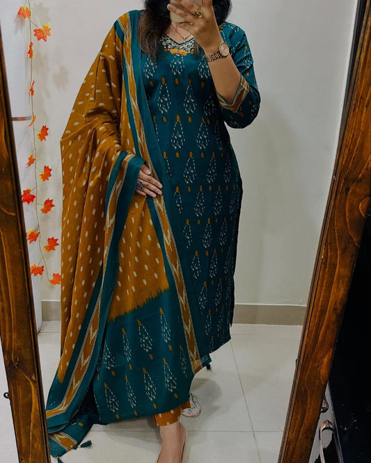 Biba Teal And Mustard Ikat Print Suit Set