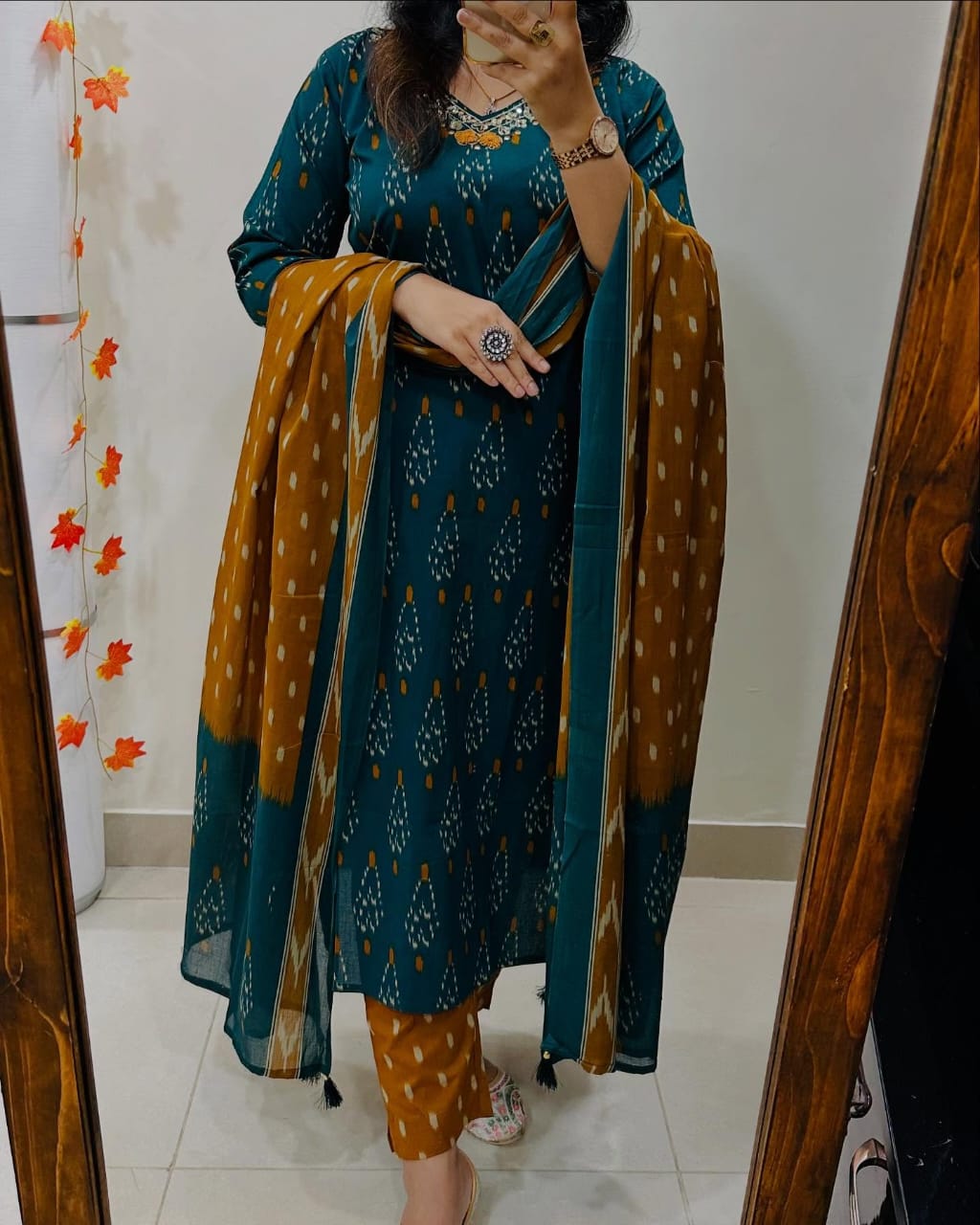 Biba Teal And Mustard Ikat Print Suit Set