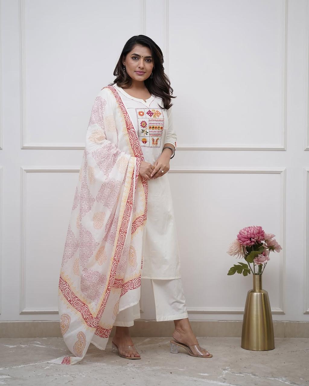 Biba Elegant Off-White Kurta Set with Printed Dupatta