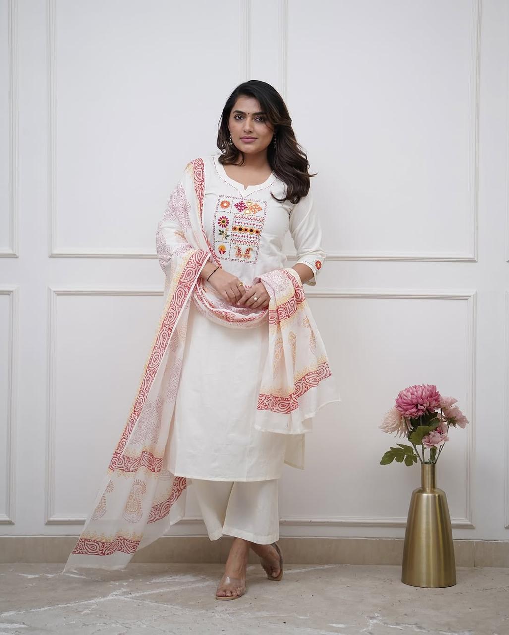 Biba Elegant Off-White Kurta Set with Printed Dupatta