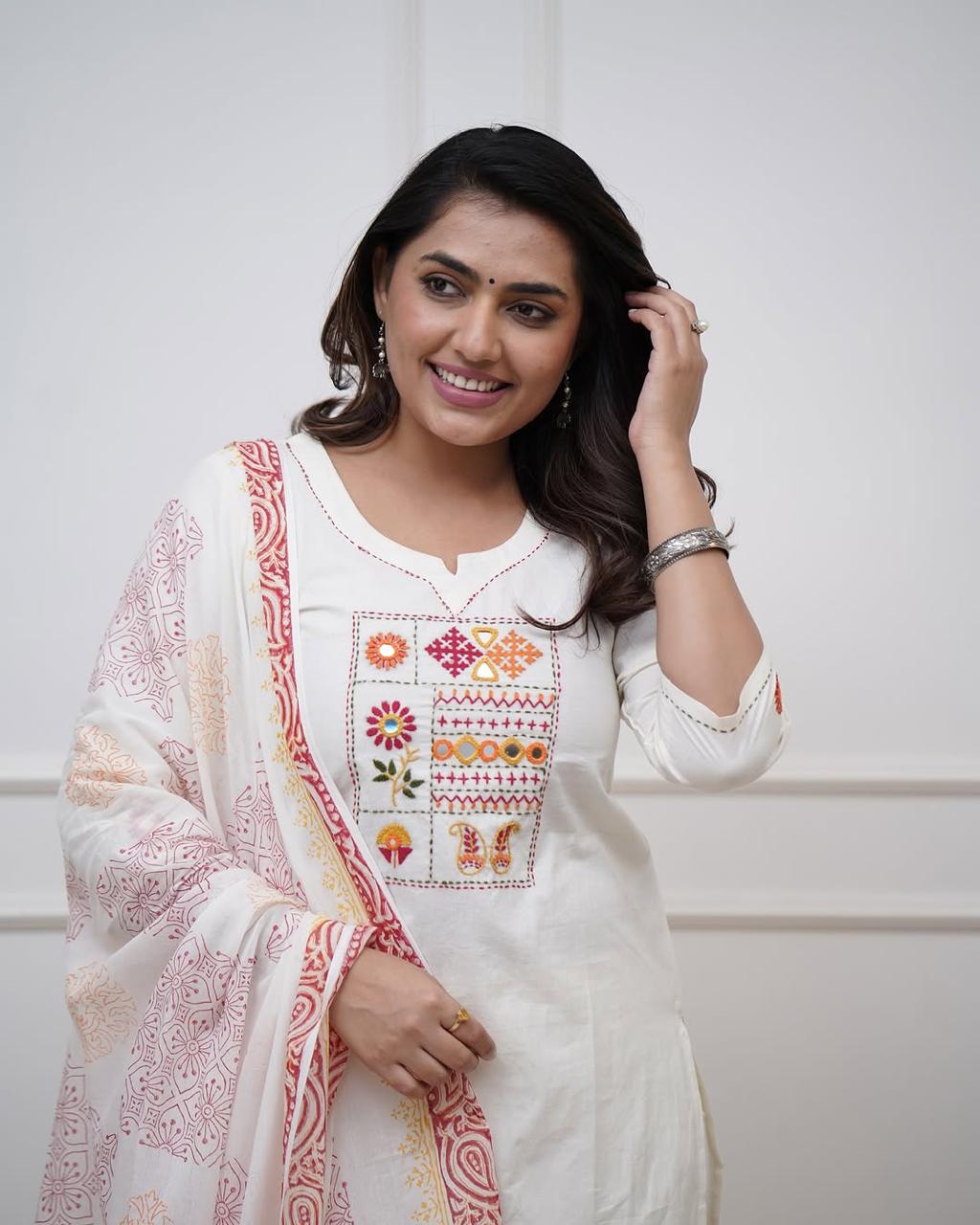 Biba Elegant Off-White Kurta Set with Printed Dupatta