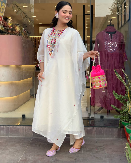Biba Elegant White Kurta Set with Multicolor Embroidery and Dupatta
