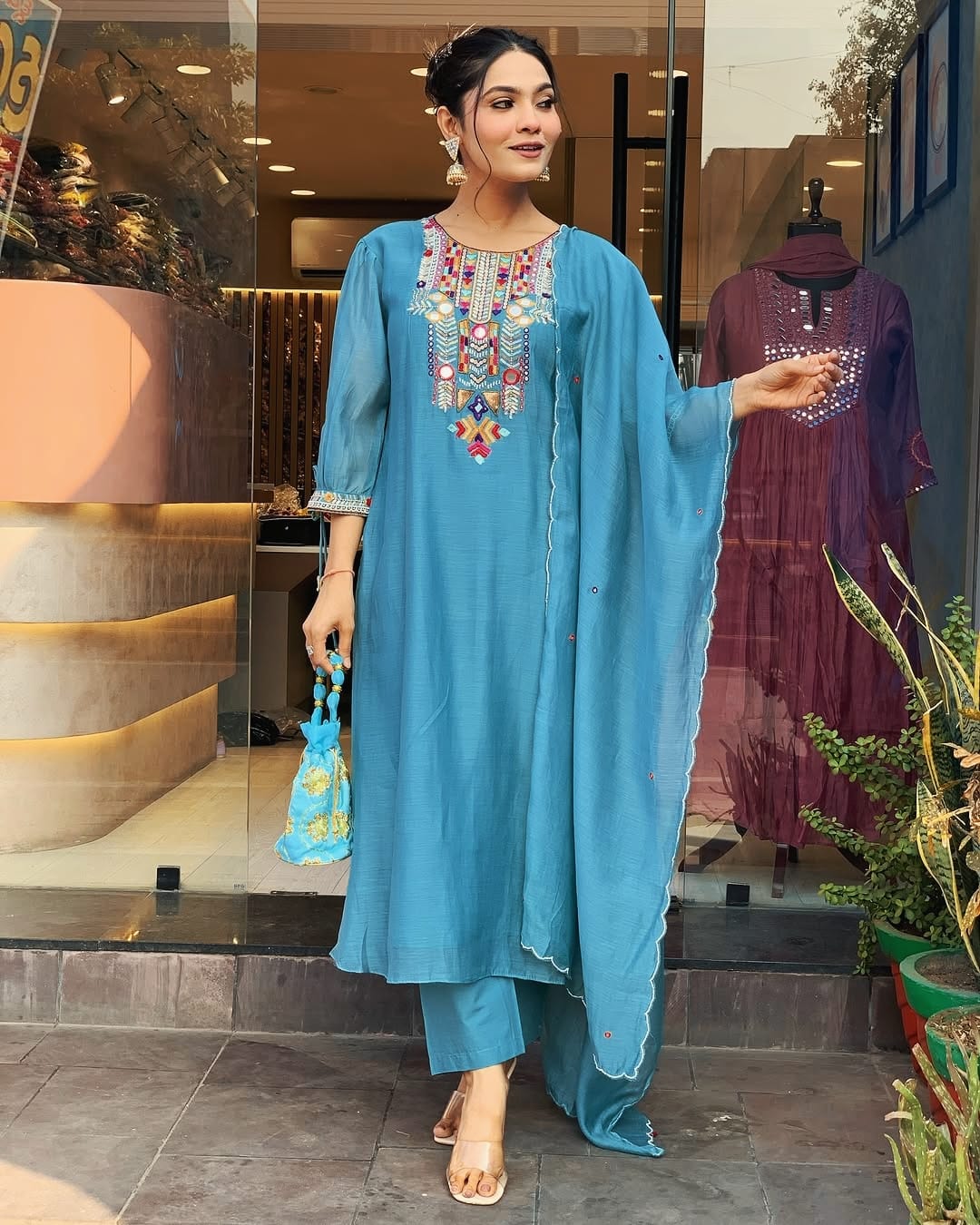 Teal Blue Kurta Set with Multicolor Embroidered Yoke