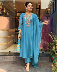 Biba Teal Blue Kurta Set with Multicolor Embroidered Yoke