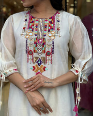 Biba Elegant White Kurta Set with Multicolor Embroidery and Dupatta