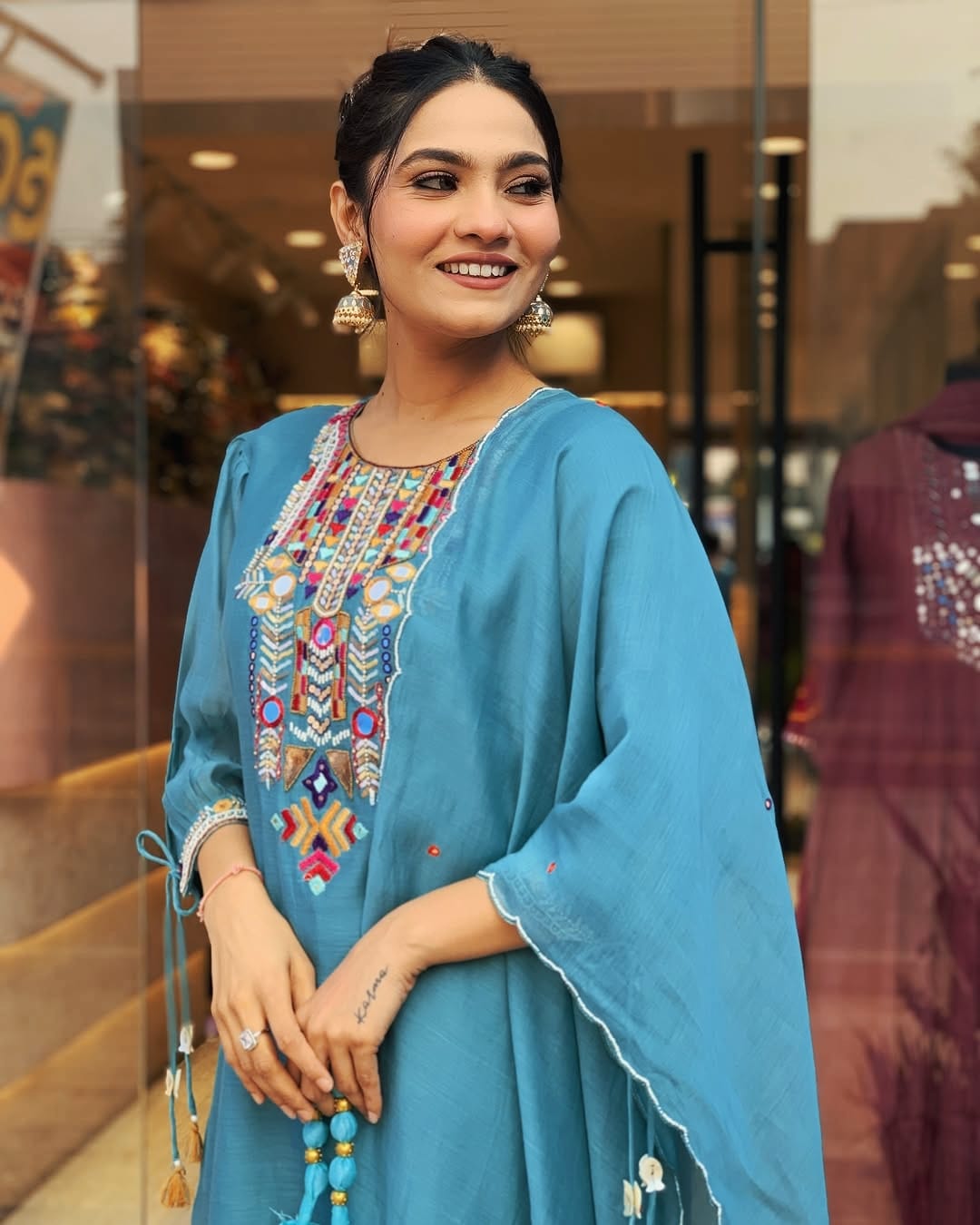 Teal Blue Kurta Set with Multicolor Embroidered Yoke