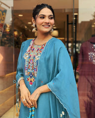 Biba Teal Blue Kurta Set with Multicolor Embroidered Yoke