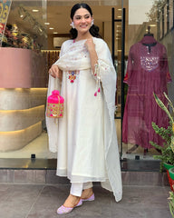 Biba Elegant White Kurta Set with Multicolor Embroidery and Dupatta