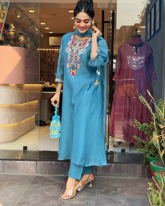Biba Teal Blue Kurta Set with Multicolor Embroidered Yoke