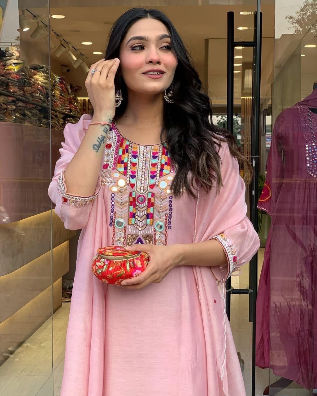 Blush Pink Kurta Set with Colorful Embroidered Yoke and Dupatta