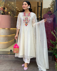 Biba Elegant White Kurta Set with Multicolor Embroidery and Dupatta