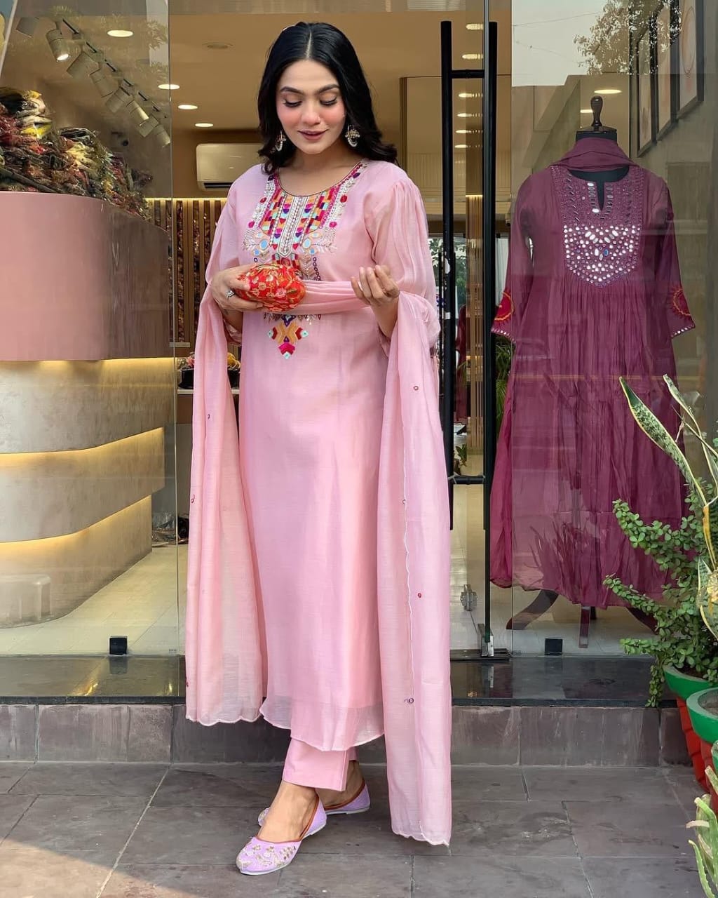 Biba Blush Pink Kurta Set with Colorful Embroidered Yoke and Dupatta
