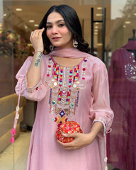 Biba Blush Pink Kurta Set with Colorful Embroidered Yoke and Dupatta
