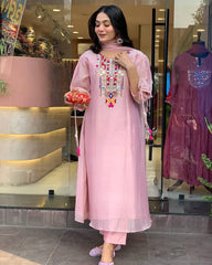 Biba Blush Pink Kurta Set with Colorful Embroidered Yoke and Dupatta