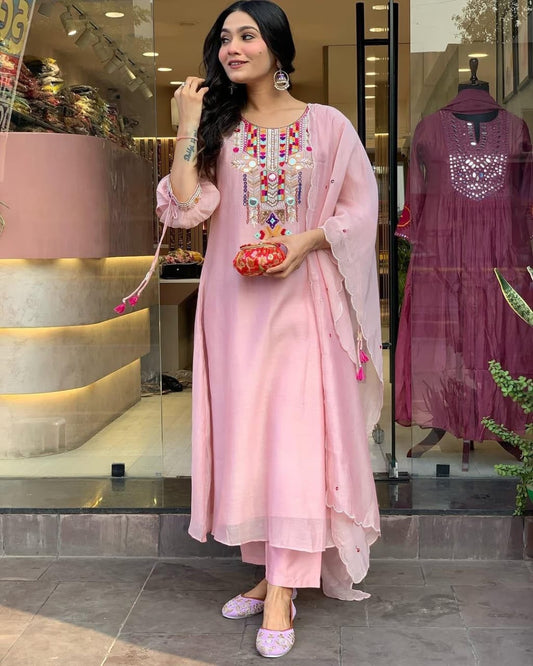 Biba Blush Pink Kurta Set with Colorful Embroidered Yoke and Dupatta