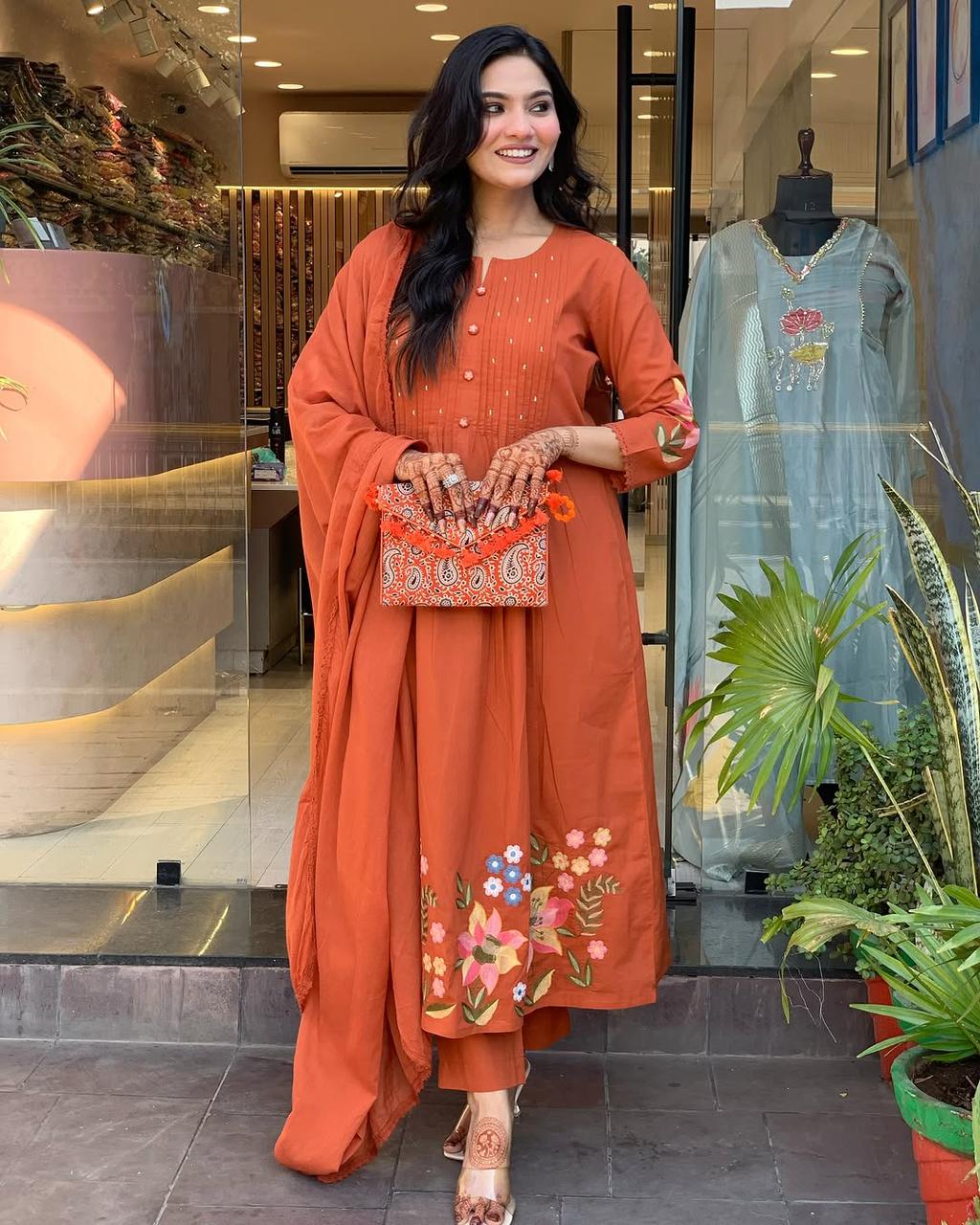 Biba Rust Orange Floral Kurta Set with Dupatta
