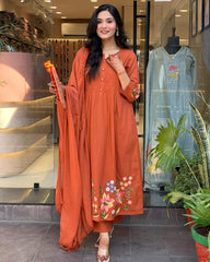 Biba Rust Orange Floral Kurta Set with Dupatta