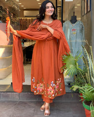 Rust Orange Embroidered Cotton Kurta Set