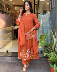 Biba Rust Orange Floral Kurta Set with Dupatta