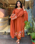 Rust Orange Embroidered Cotton Kurta Set