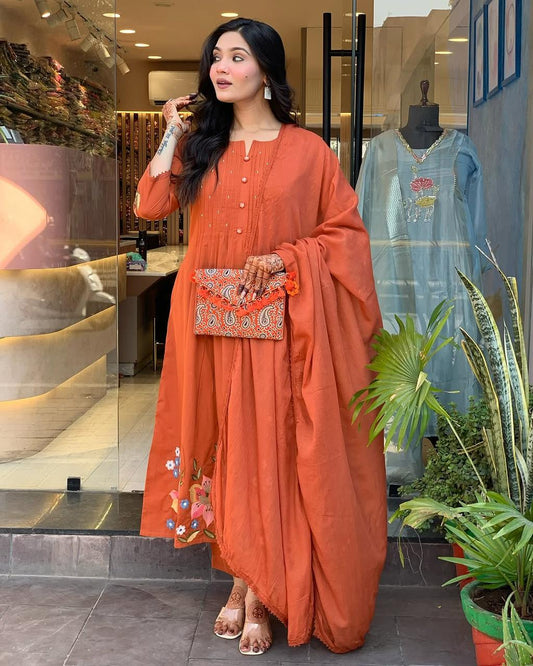 Biba Rust Orange Floral Kurta Set with Dupatta