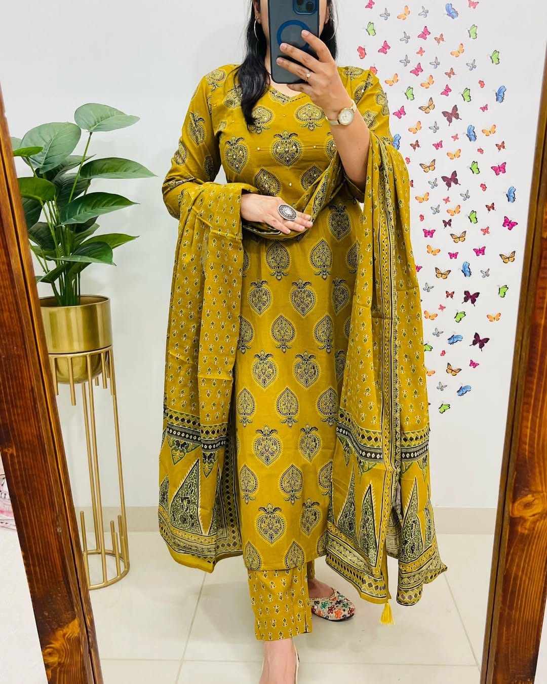 Biba Printed Mustard Kurta and Dupatta Set for Daily Elegance
