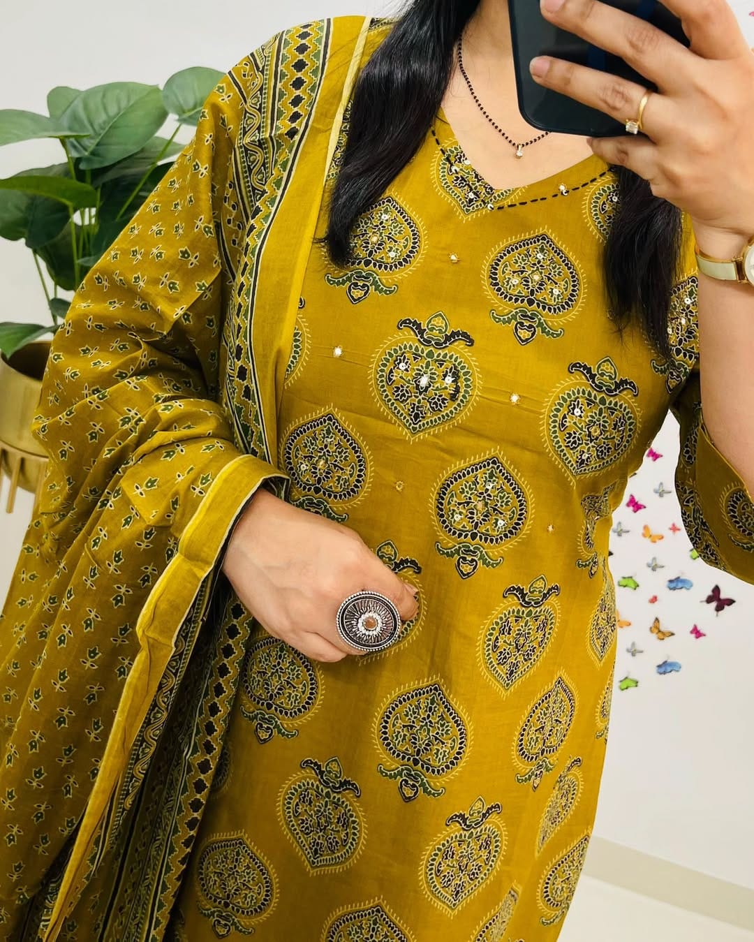 Biba Printed Mustard Kurta and Dupatta Set for Daily Elegance