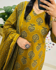 Biba Printed Mustard Kurta and Dupatta Set for Daily Elegance
