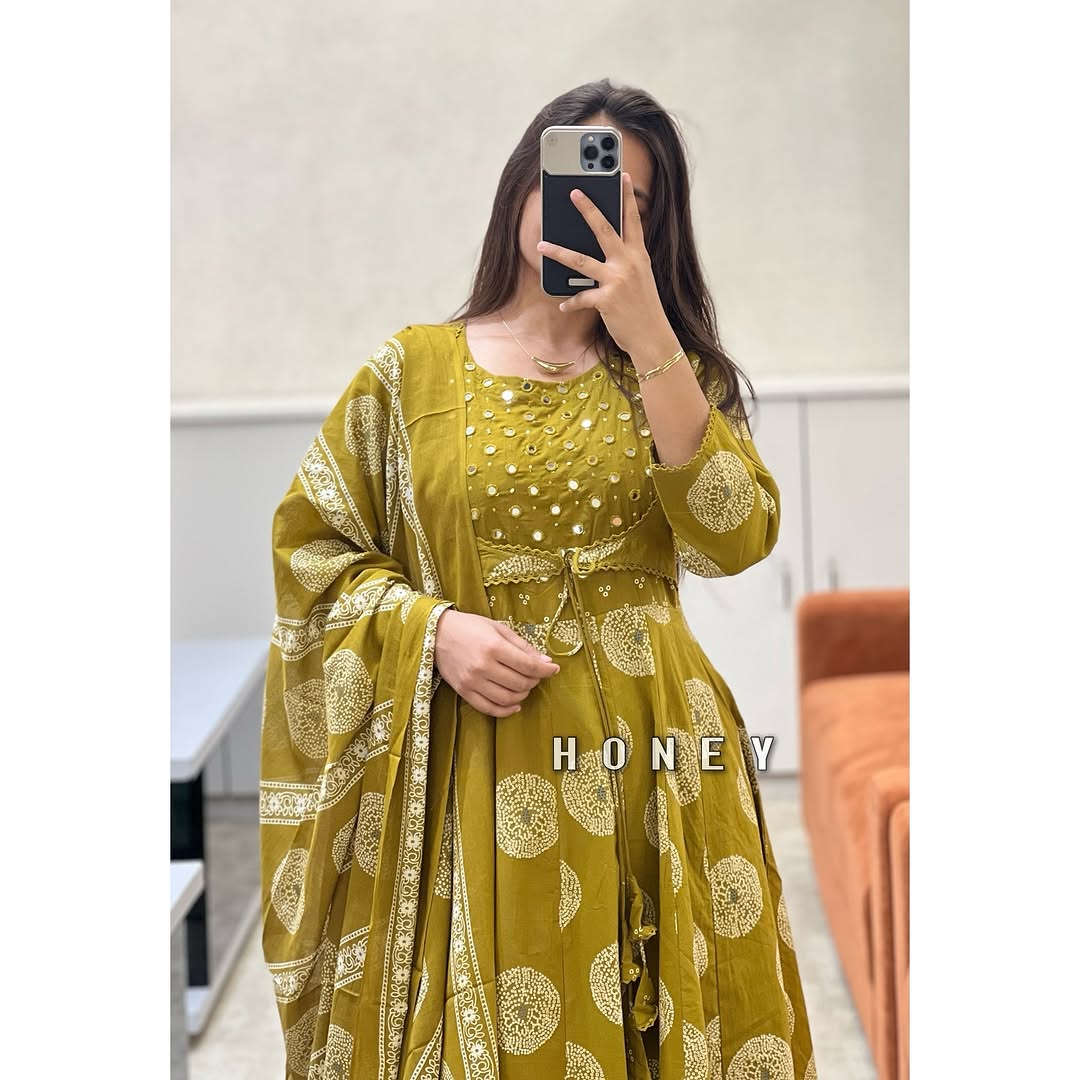 Yellow Cotton Printed Anarkali Kurta with Attached Jacket