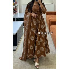 Brown Cotton Printed Anarkali with Attached Jacket Detailing with Pants and Dupatta
