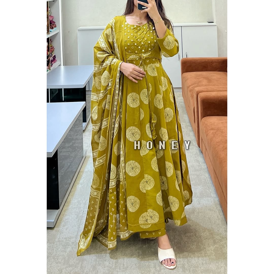 Yellow Cotton Printed Anarkali Kurta with Attached Jacket