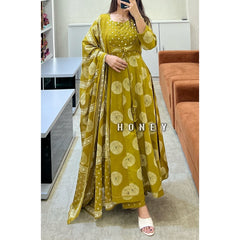 Yellow Cotton Printed Anarkali Kurta with Attached Jacket