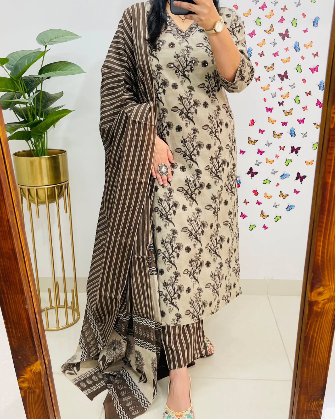 BlBA Premium Bagru Cotton Suit Set – Beige & Brown Handblock Floral Print | Kurti, Pant & Striped Dupatta