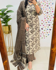 BlBA Premium Bagru Cotton Suit Set – Beige & Brown Handblock Floral Print | Kurti, Pant & Striped Dupatta