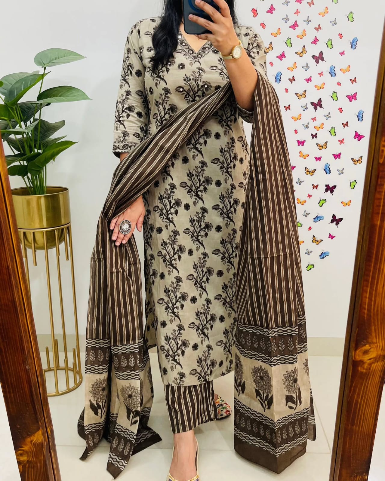 BlBA Premium Bagru Cotton Suit Set – Beige & Brown Handblock Floral Print | Kurti, Pant & Striped Dupatta