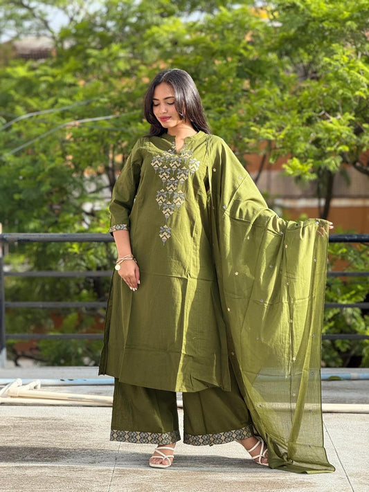 Elegant Olive Green Embroidered Suit with Dupatta