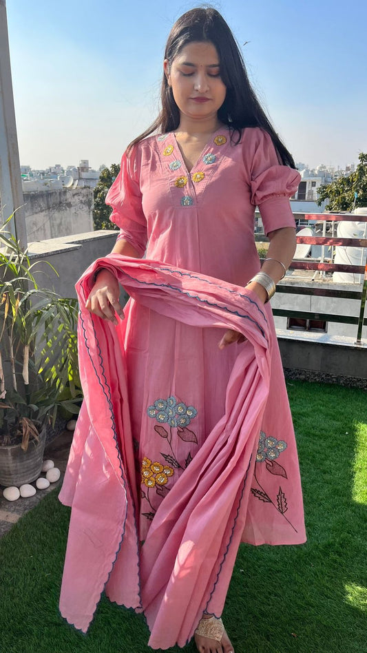 Biba Elegant Pink Floral Embroidered Kurta Set