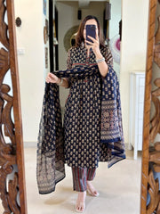 Biba Elegant Navy Blue Printed Cotton Kurta Set