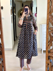 Biba Elegant Navy Blue Printed Cotton Kurta Set