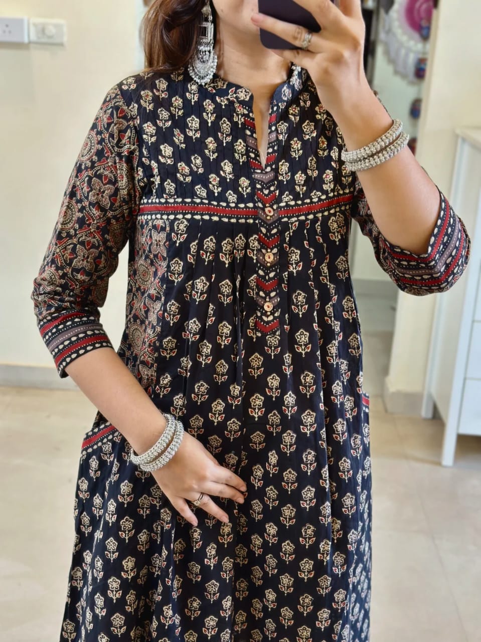 Elegant Navy Blue Printed Cotton Kurta Set