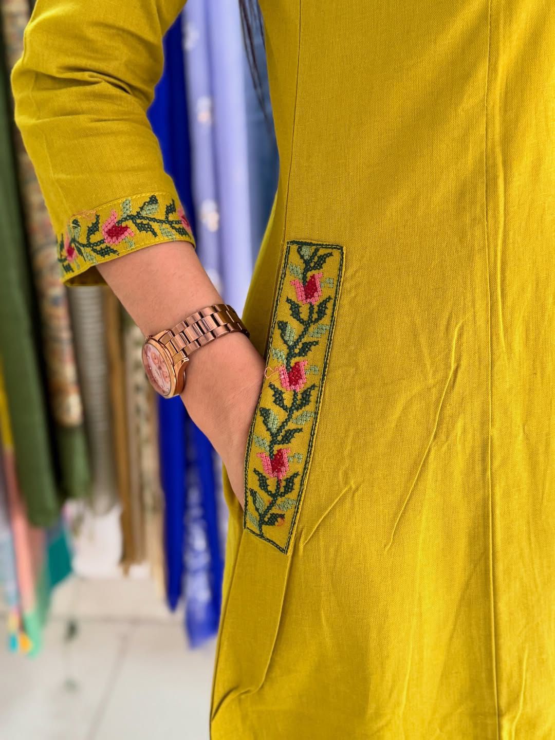 Mustard Yellow Cotton Kurta Set with Floral Embroidery