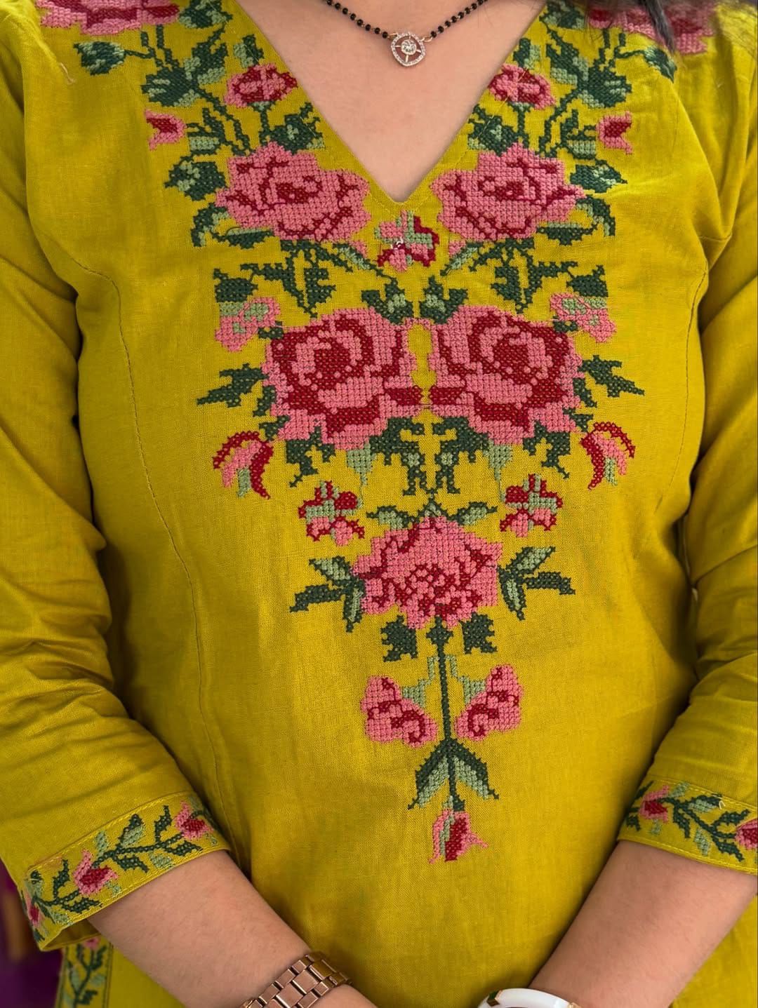 Mustard Yellow Cotton Kurta Set with Floral Embroidery
