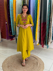 Mustard Yellow Cotton Kurta Set with Floral Embroidery