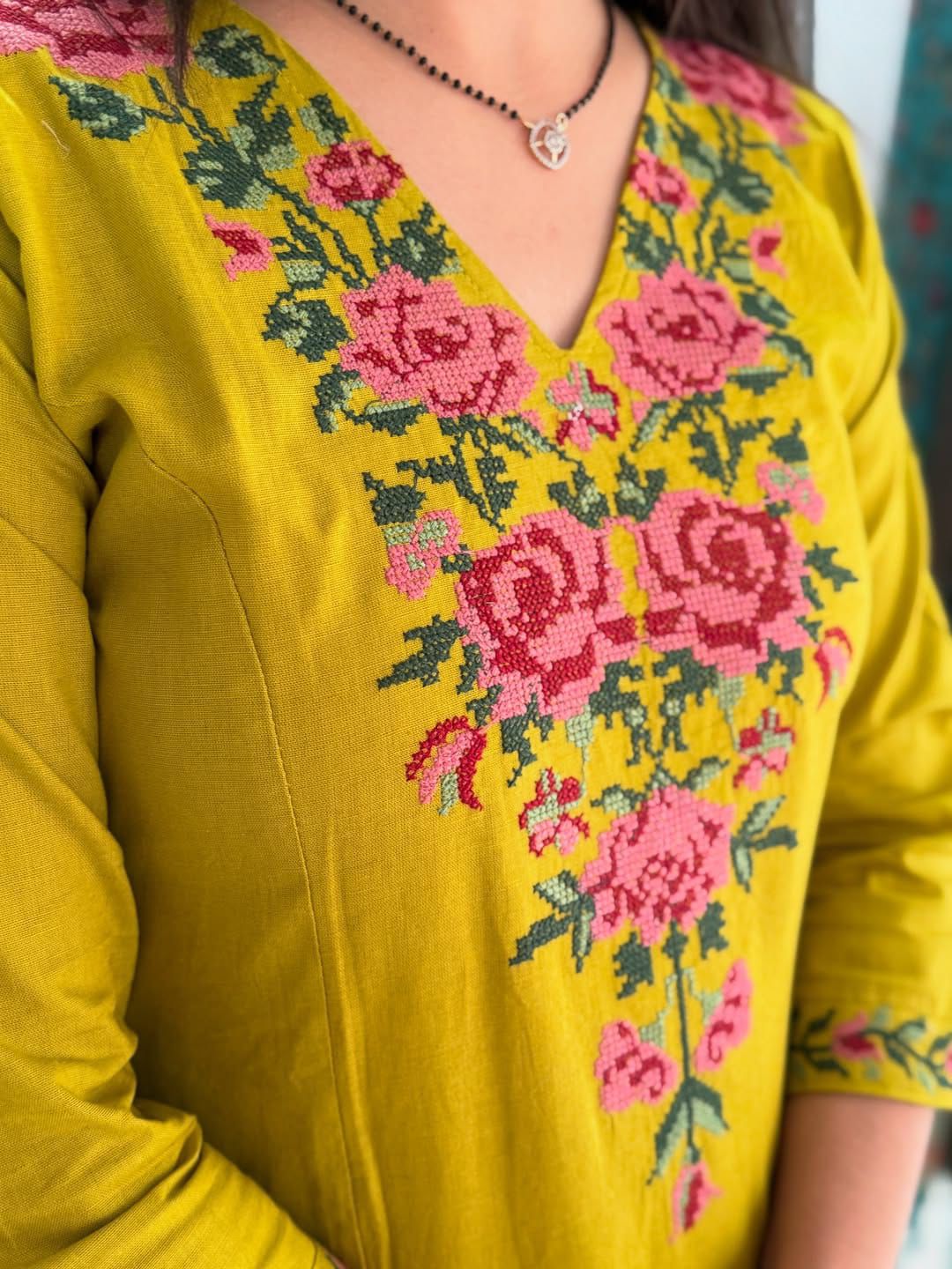 Mustard Yellow Cotton Kurta Set with Floral Embroidery