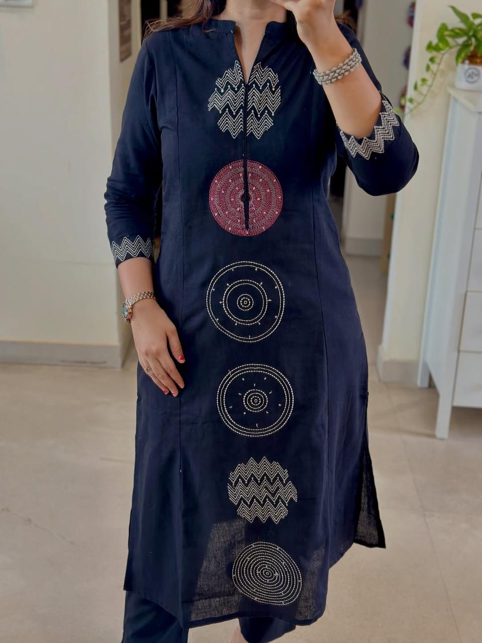 Biba Elegant Navy Blue Cotton Kurta with Geometric Embroidery Detailing