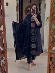 Biba Elegant Navy Blue Cotton Kurta with Geometric Embroidery Detailing