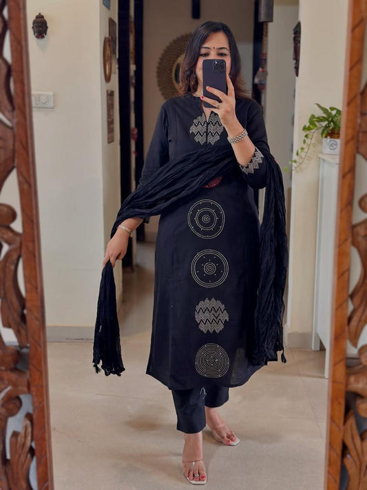 Biba Elegant Navy Blue Cotton Kurta with Geometric Embroidery Detailing