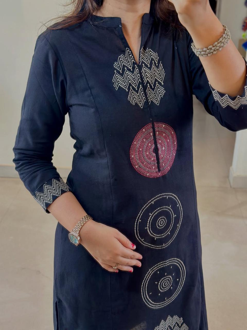 Biba Elegant Navy Blue Cotton Kurta with Geometric Embroidery Detailing