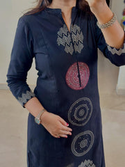 Biba Elegant Navy Blue Cotton Kurta with Geometric Embroidery Detailing