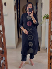 Biba Elegant Navy Blue Cotton Kurta with Geometric Embroidery Detailing